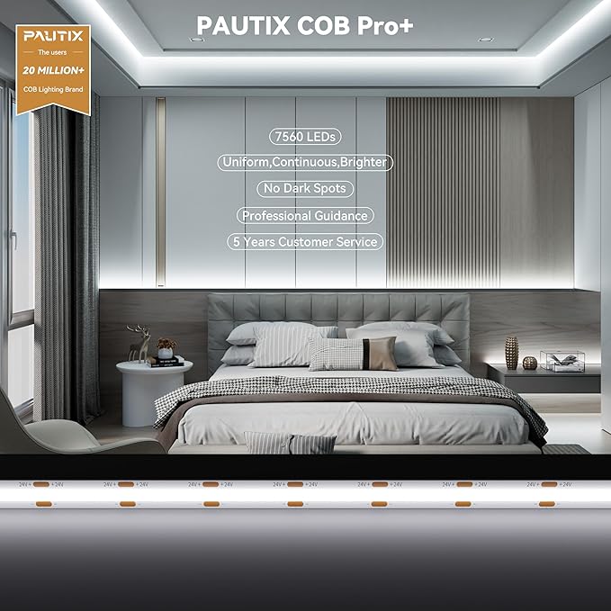 PAUTIX COB LED Strip Lights 48ft/15m Super Bright,504 LEDs/m Daylight White 6000K CRI90+ Flexible LED Tape 24V for Cabinet Home DIY Lighting Projects with 2pcs COB Connector(Power Supply Not Included)