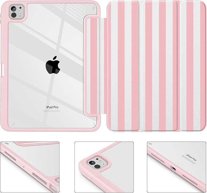 May Chen Case for iPad Pro 11-Inch M5/M4 2025/2024 (6th/5th Generation), [Penceil Holder] Trifold Stand Auto Wake/Sleep Clear TPU Protection Back Cover, Pink Stripes