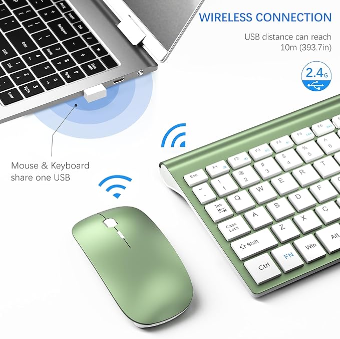Wireless Keyboard and Mouse Ultra Slim Combo, TopMate 2.4G Silent Compact USB 2400DPI Mouse and Scissor Switch Keyboard Set with Cover, Batteries Included, for PC/Laptop/Windows/Mac - Green White