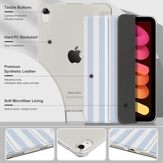 DONGKE for iPad mini 7 (A17 Pro) 2024 & iPad mini 6 2021 8.3 Inch, Slim Foldable Stand Hard PC Translucent Back Shell Smart Cover for iPad mini 7th/6th Generation [Auto Wake/Sleep] - Stripes