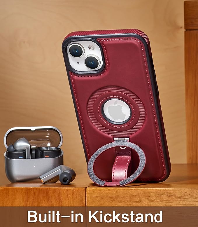 Butaiga for iPhone 14 /iPhone 13 Leather Case with Stand, Anti-Slip Grip Ring, Fits for MagSafe (Burgundy, iPhone 14/13)