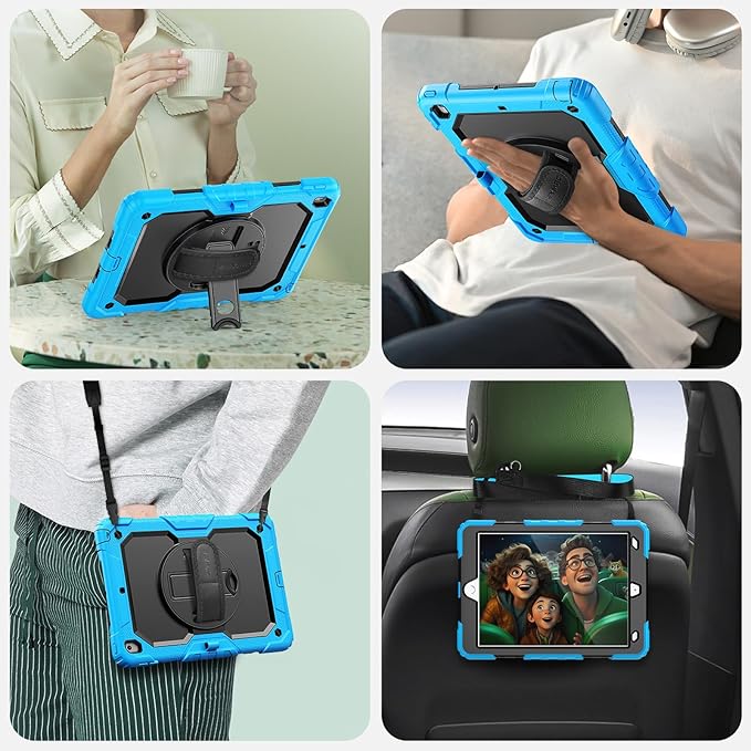 SEYMAC Kids Case for iPad 9th/ 8th/ 7th Generation 10.2" 2021-2019, Heavy Duty Protective Shockproof Case with Screen Protector, Rotating Stand/Handle/Shoulder Strap for iPad 10.2, Light Blue