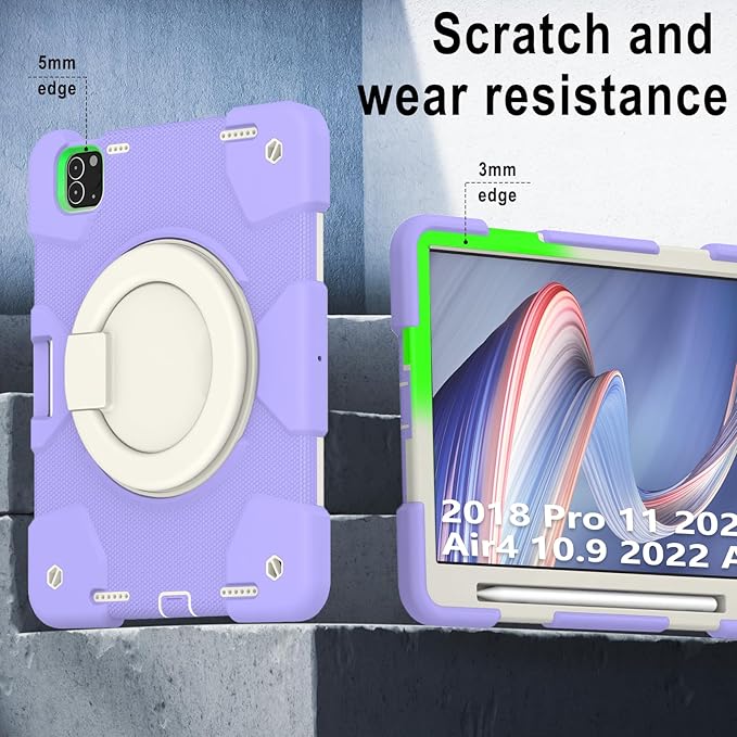 SCSVPN for iPad Air 5th/4th Generation Case 10.9'', Protective Kids Case for iPad Pro 11 Inch 2022 2021 2020 2018(4th/3rd/2nd/1st gen) with Pencil Holder-Rotation Stand/Handle-Shoulder Strap, Purple