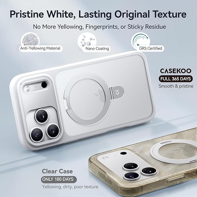 CASEKOO Ultra-Magnetic Stand for iPhone 17 Pro Case [Military Drop Protection] [Compatible with MagSafe] Shockproof Translucent Matte Slim Ring for iPhone 17 Pro Phone Case 6.3", White