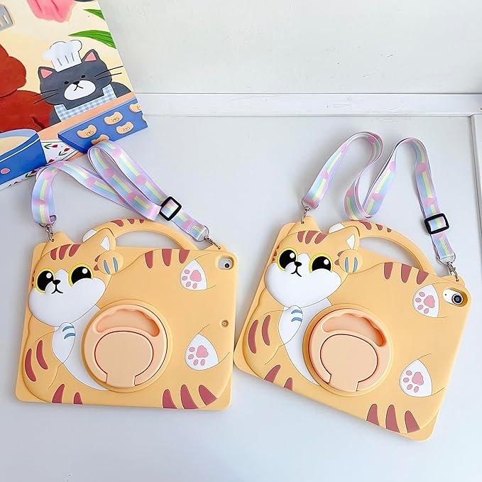 3D Cute Vivid Cat Case for iPad Air 6th/7th 11 inch 2024/2025 M2/M3(6th/7th Generation),Kawaii Cartoon Character Pretty Cat Soft Silicone Rotating Stand Case with Lanyard for Kids Teens Girls Women