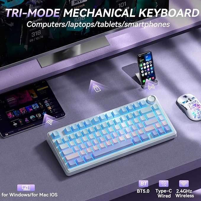 SOLAKAKA A75 Wireless Mechanical Keyboard, Hot Swappable Gaming Keyboard with RGB Backlit, Multifunction Knob, Gasket Mounted Creamy Keyboard, BT5.0/2.4GHz/USB-C, 75% Compact Layout for Win/Mac/PC