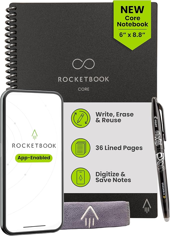 Rocketbook Core Reusable Smart Notebook, Lined Pages For School, Work and Creative Projects, Executive Size 6x8.8, Black - Premium
