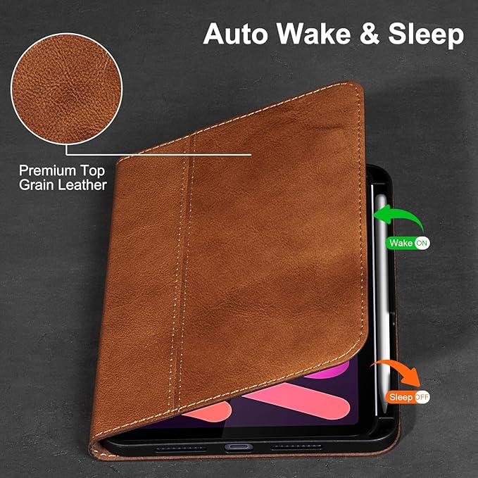 Gexmil Leather Case for iPad mini 7 (A17 Pro) 2024 / iPad mini 6 Generation 2021 8.3 Inch,Premium Cowhide Cover with Pencil Holder,Adjustable Stand, Auto Wake/Sleep,Vegetable Tanned Brown