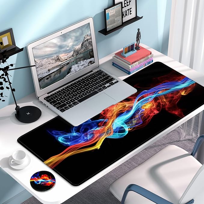 Large Gaming Mouse Pad with Coaster, Desk Matt for Desktop, Desk Pad, Mouse Pads Mat, Stitched Edges Big Extended Mousepad for Computer Keyboard Laptop Office Decor, 31.5'' x15.6''-Ice and Fire