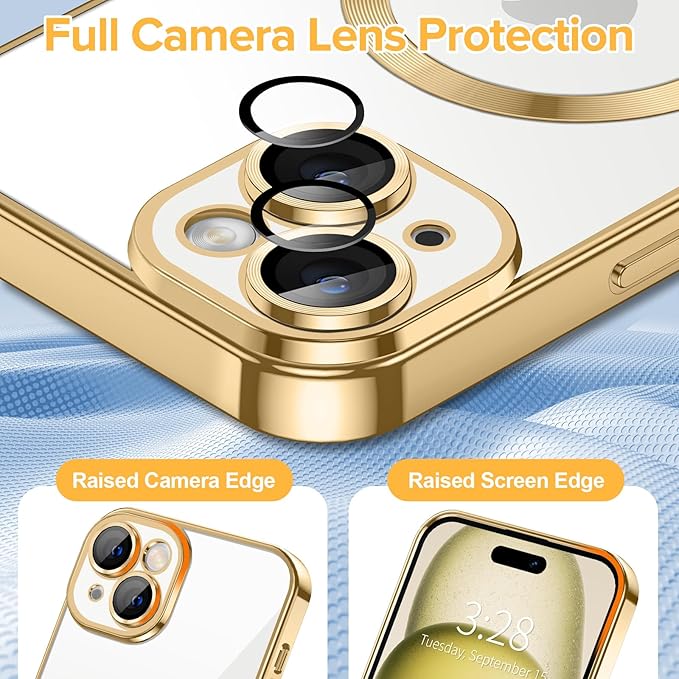 Hython Magnetic Clear for iPhone 15 Plus Case with Camera Lens Protector [Compatible with MagSafe] Luxury Plating Edge Slim Soft TPU Cover Protective Phone Case for iPhone 15 Plus 6.7", Gold