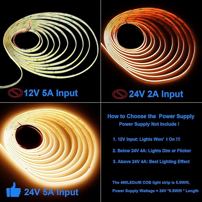 JOYLIT 24V COB LED Strip Lights 16.4ft 3000K Warm White 550LM/FT Super Bright CRI 95+, UL Premium 2400LEDs Dotless Dimmable Adhesive Tape Light 90W for Commercial, Industrial, Residential