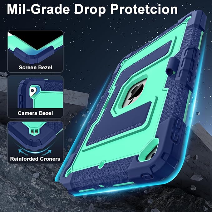 Kids Friendly Case for Apple iPad 10.2" 9th 8th 7th Generation 2021/2020/2019 Case with Pencil Holder & Shoulder Strap, Military Grade Shockproof Kickstand Hard Shell Protective Cover,Blue+Mint