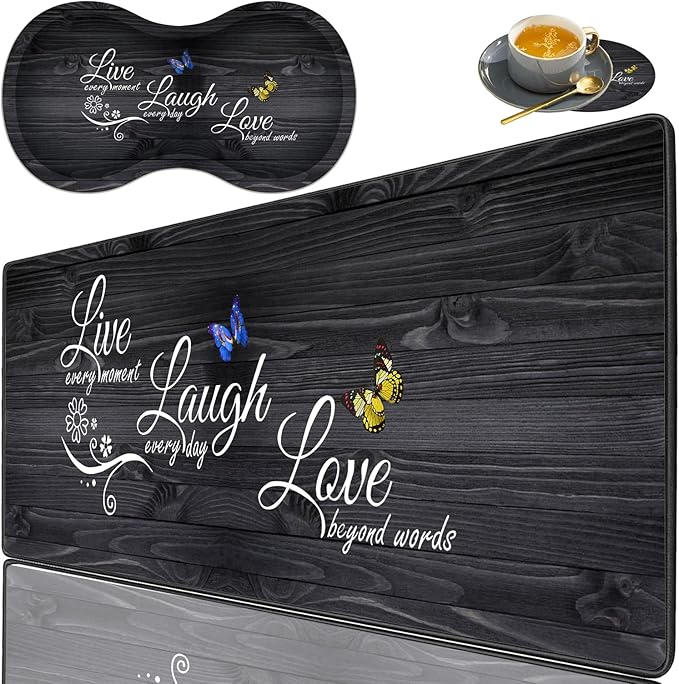 3 Piece Mouse Pad Set with Stitched Edge Large Anti-Slip Mouse Pad Desk Pad Keyboard Pad + Wrist Rest Pad + Coaster, Memory Foam Wrist Rest for Office/Home - Live Laugh Love