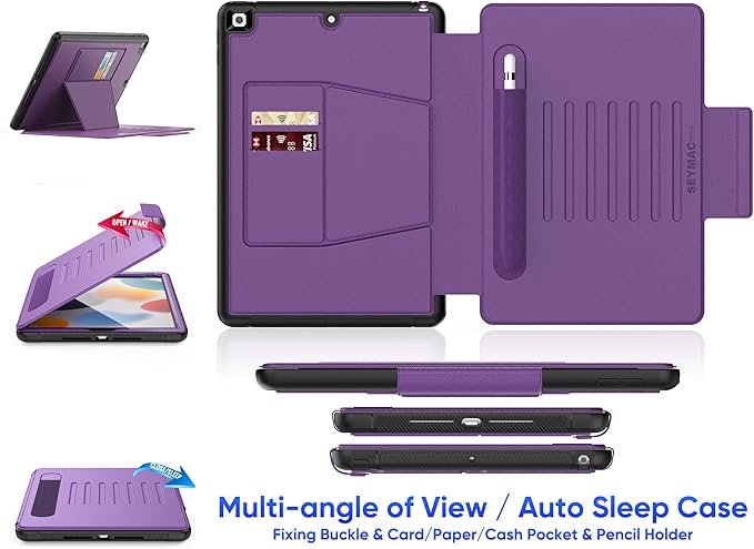 SEYMAC stock Case for iPad 9th/8th/7th Generation 10.2'', Strong Magnetic Auto Sleep Shockproof Case with Absorbing Multi-Angles Stand, Pen Holder, Card Slot (Purple)