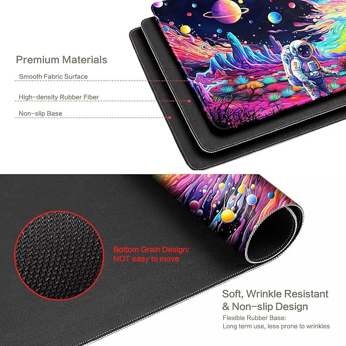Cyberpunk Astronaut Mouse Pad Desk Mat Fantasy Planet Space Large Gaming Mouse Pad Anime Desk Pad Mousepad XXXL Extended Keyboard Mat Futuristic Cosmic Adventure Mouse Mat, Waterproof, 35.4 x 15.7 in