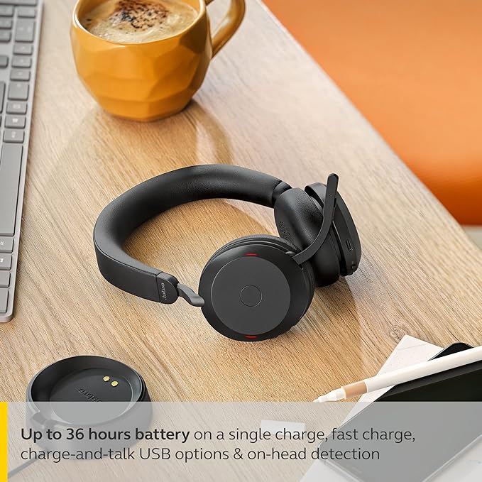 Jabra Evolve2 75 PC Wireless Headset with Charging Stand and 8-Mic Technology - Dual Foam Stereo Headphones with Advanced Active Noise Cancelling, USB-C Bluetooth Adapter and MS Compatibility - Black