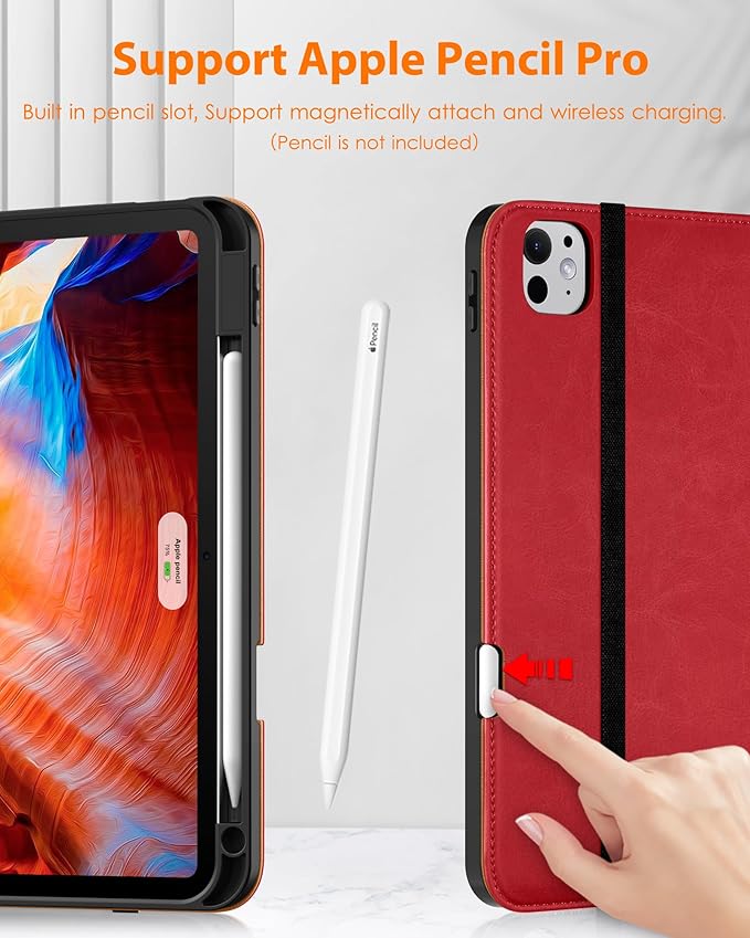 DTTO for iPad Pro 11 inch Case (M5/M4) 2025/2024, Premium Leather Business Folio Stand Cover with Pencil Holder - Auto Wake/Sleep and Multiple Viewing Angles, Red