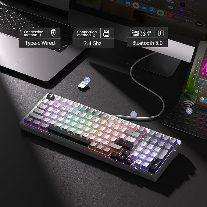 MageGee LIGHT100 Wireless Creamy Keyboard, Gasket Structure Hot Swappable, Tri-Mode 2.4G/USB-C/BT5.0 RGB Backlit Mechanical Gaming Keyboard for Win/Mac/PC, PBT Keycap, 4000mAh Battery, Grey