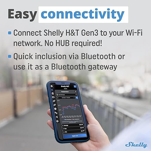 Shelly H&T Gen3 Ivory | Wi-Fi and Bluetooth Smart Temperature & Humidity Sensor with Remote App Control & Monitoring | Smart Scenes | Notification Alerts | LCD Display | Free Data Storage Export