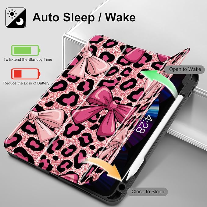 May Chen Case for iPad Pro 11 inch (4th, 3rd, 2nd & 1st Gen) 2022 2021 2020 2018,Trifold Stand with Auto Wake/Sleep Soft TPU Protective Stand Back Cover, Leopard Print Bow