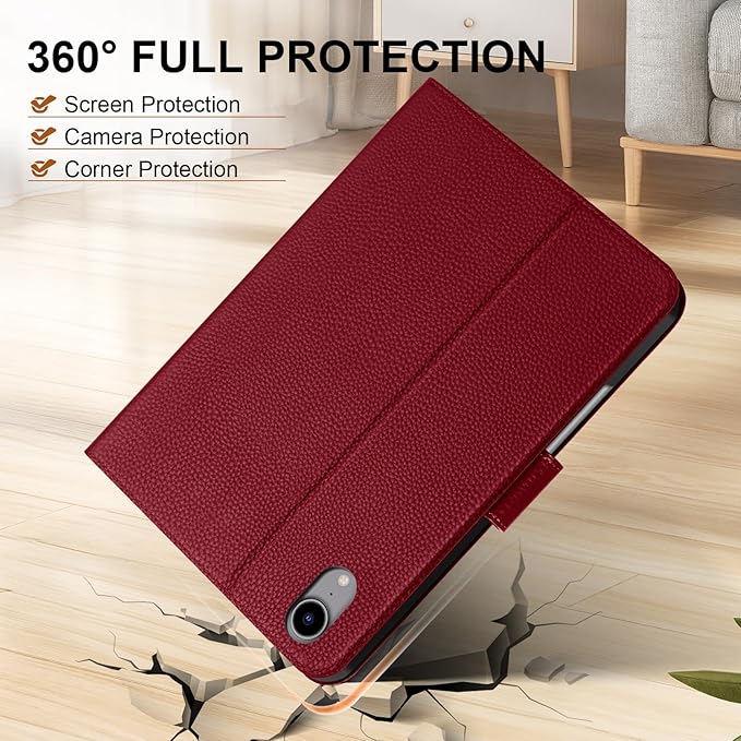 Genuine Leather Case for iPad mini 7th/6th Gen 8.3 Inch 2024/2021 | with Pencil Holder and Adjustable Stand, Magnetic Closure, Auto Wake/Sleep Cover | Wine Red