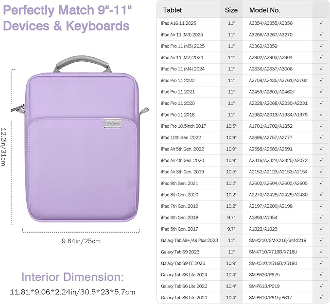 MoKo 9-11 Inch Tablet Sleeve Bag Handle Carrying Case with Shoulder Strap Fits iPad Pro/Air/A16 11 inch,iPad 10th 10.9,i-Pad 9/8/7th 10.2,iPadAir 5/4th 10.9,i-Pad 9.7,Tab S8/S9 11", Purple