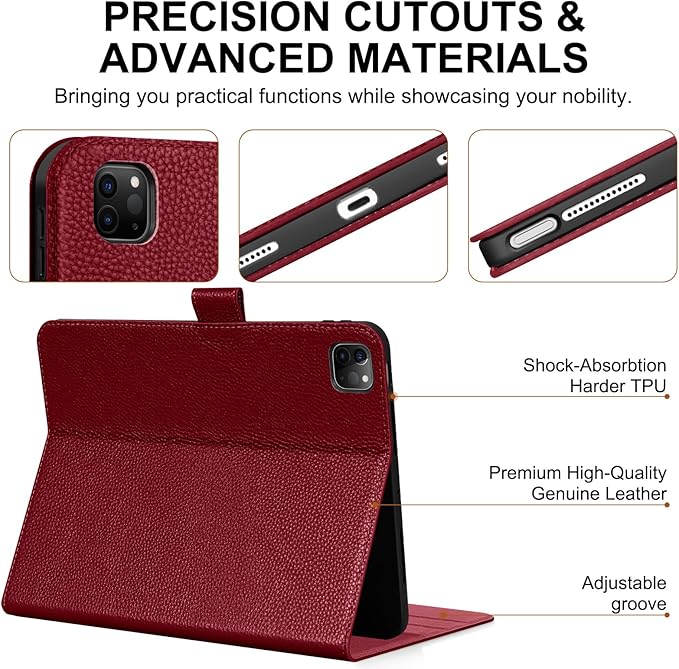 Genuine Leather Case for iPad Pro 11 Inch 4th/3rd/2nd/1st Generation 2022/2021/2020/2018 | with Pencil Holder and Adjustable Stand, Magnetic Closure, Auto Wake/Sleep Cover | Wine Red