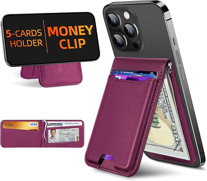 ExtreLife For Magsafe Wallet with Money Clip, Strongest Magnetic Wallet for iPhone 17/16/15/14/13/12 Series, Adjustable Stand, ID Window, 5 Card Holder, RFID Blocking, Not for 13/12 Mini, Cherry
