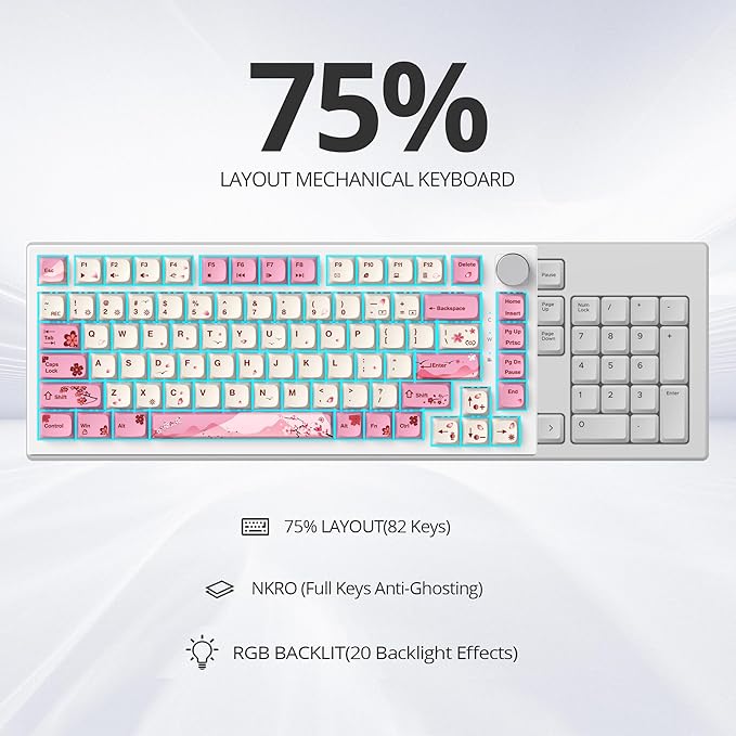 75% TKL Wired Mechanical Keyboard,RGB Backlit Gasket Mount 82 Key Hot Swappable Custom Linear Red Switch Gaming Keyboard with Volume Knob & PBT Keycaps (Pink)