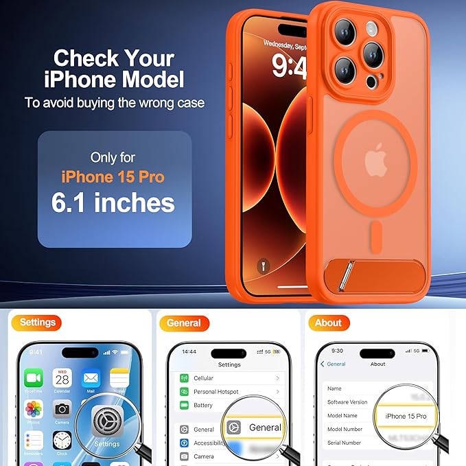 Magnetic Compatible with iPhone 15 Pro Case, [Built-in Kickstand][Full Camera Protection][Compatible with MagSafe][Anti-Fingerprint] Shockproof Phone Case for iPhone 15 Pro 6.1",Orange