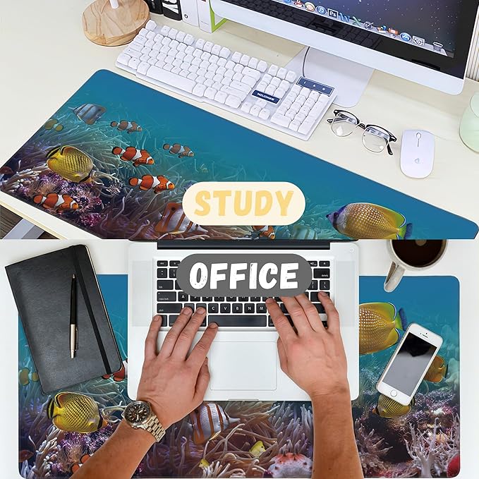 Large Mouse Pad Colourful Underwater World Exotic Fishes Extended Gaming Mouse Pad Non-Slip Desk Mat with Stitched Edge Laptop Computer Keyboard Mousepad for Office Home 35.4" x 15.7"