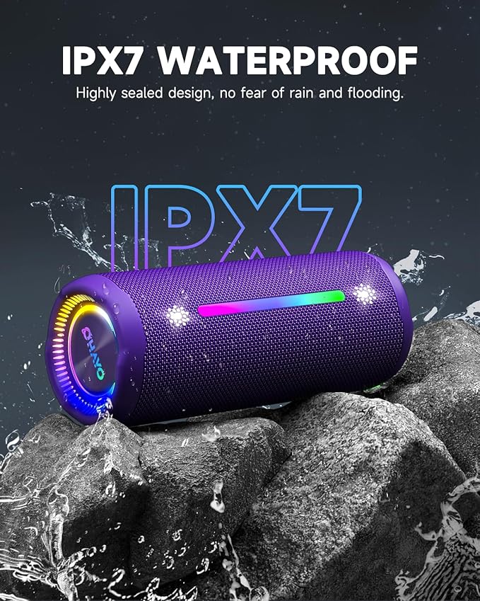 OHAYO Bluetooth Speaker, Portable Wireless, IPX7 Waterproof, Powerful 25W Sound, 24H Playtime, Dual Pairing, Active Bass, Colorful Lights, Bluetooth 5.3, Outdoor Speakers for Home/Party/Beach, Purple