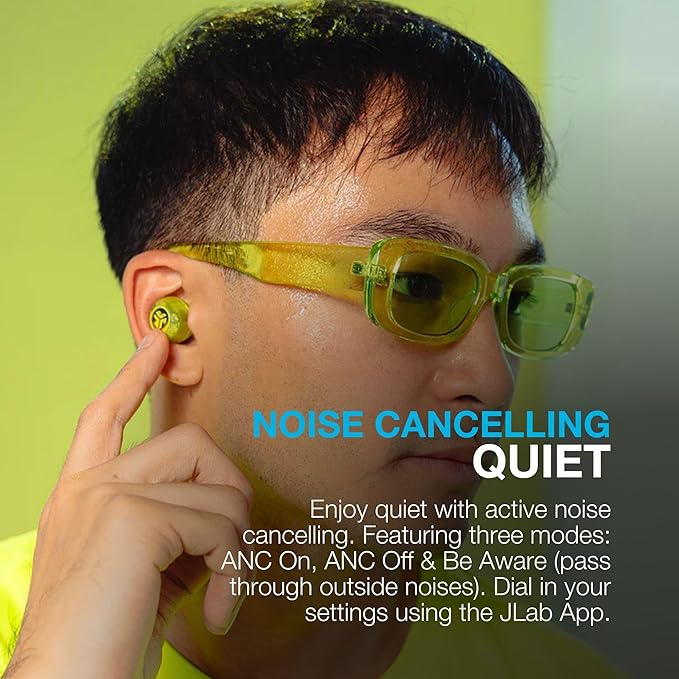 JLab, Go Pop ANC, True Wireless Earbuds, Active Noise Cancelling, Bluetooth Earbuds, Transparent Neon Green