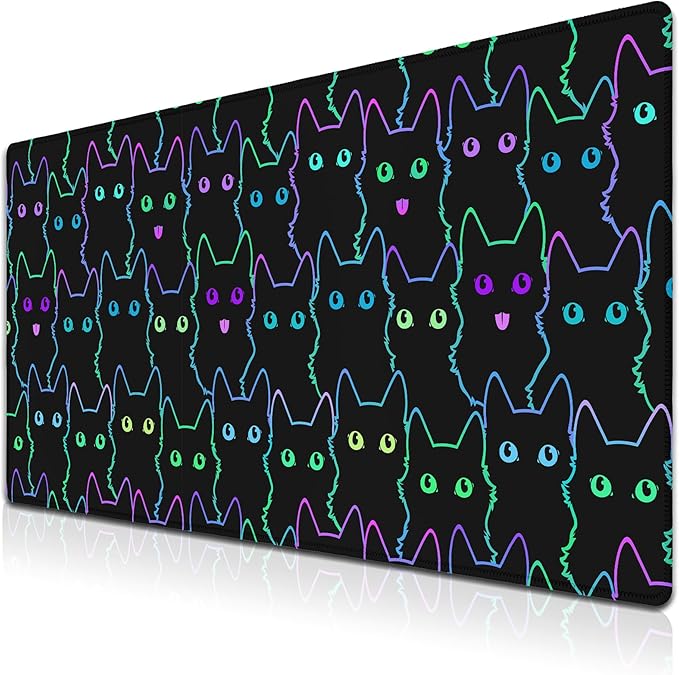 Big Mouse Pad Black Purple The Desk Pad Computer Mouse Pads Keyboard Pads Deskmat Waterproof Non-Slip Rubber Base 35.4" X 15.7" for Game Office, Cartoon Cat with Neon Lines Design