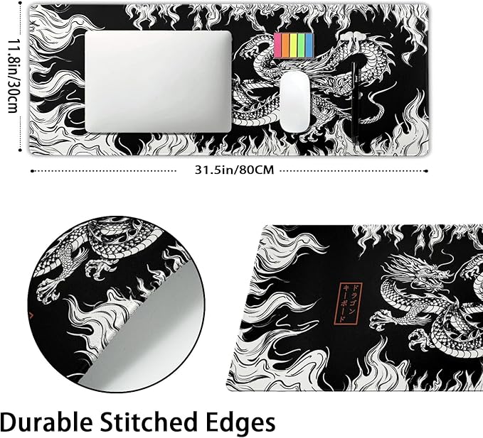 Japanese Dragon Mouse Pad XL Black White Aesthetic Anime Extended Desk Mat 80X30 cm Non-Slip Rubber Base Stitched Edge Large XL Mousepad for Desk Gaming Laptop Desktop,31.5×11.8 Inch