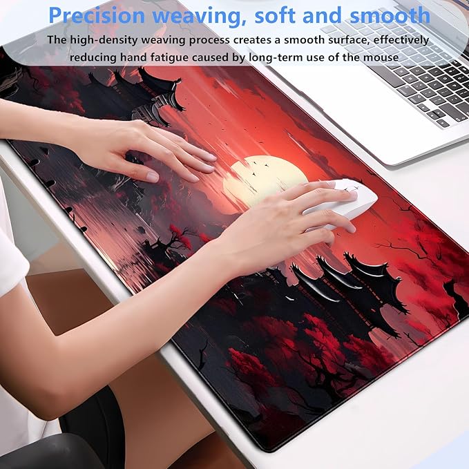 Red and Black Japanese Desk Mat - 31.5x15.7in Extended Gaming Mouse Pad - XL Full Moon Sakura Art Keyboard Mat - Waterproof Stitched Edges Desk Protector for Gaming & Office