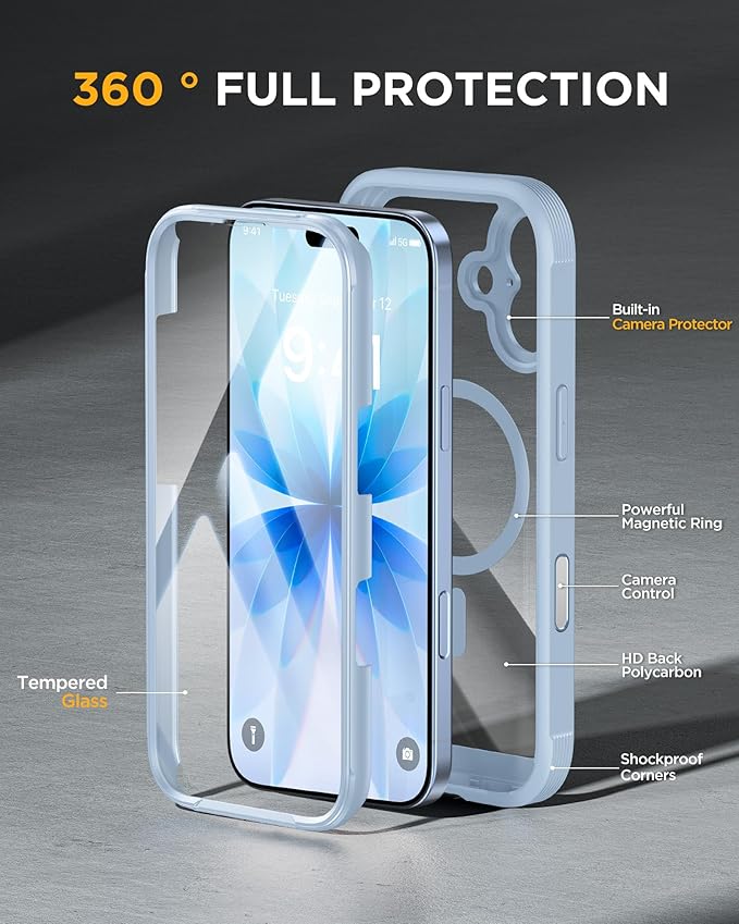 Miracase for iPhone 17 Case 6.3'', Full-Body Military Grade Drop Protection Outdoor Phone case with Built-in Glass Screen &Camera Control,Easy Installation,No Gap,Compatible with MagSafe,Light Blue