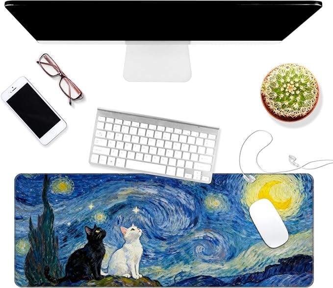 Thin Extended Gaming Mouse Pad （31.5 * 11.8 * 0.08 inch） with Stitched Edges Large Mousepad Long XXL Keyboard and Mouse pad Desk Mat for Gaming Office & Home - Starry Night Cat