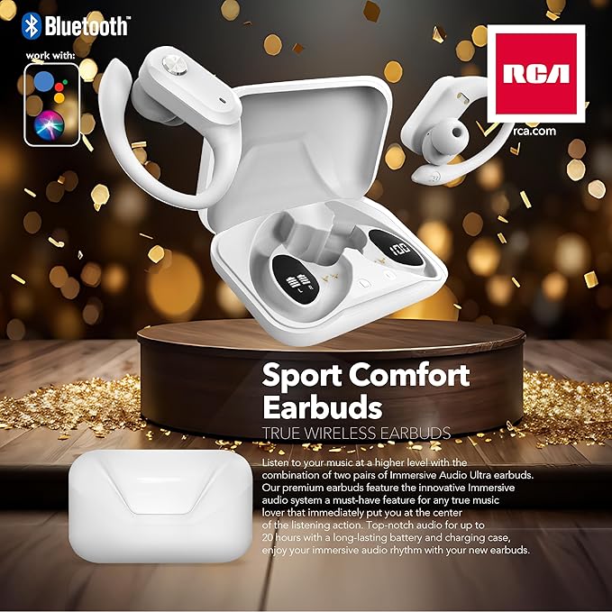 RCA Wireless Earbuds Bluetooth 5.3 Headphones Sport Sweat Resistant Sports Earphones with Earhooks,48H Playtime,Lightweight 7.8g,Fast Charging Case,Noise Cancelling Mic for Running Gym Workout-White