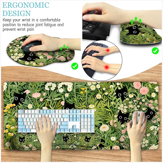 LIMKRIAN Cat Ergonomic Mouse Pad with Wrist Rest Desk Mat Set, Green Gaming Mouse Pad Wrist Support, Keyboard Mat Wrist Rest Cup Coaster Funny Office Decor