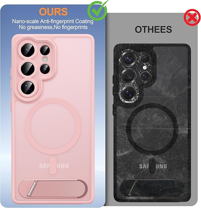 Magnetic for Samsung Galaxy S25 Ultra Case, [Compatible with MagSafe][Full Camera Protection][Built-in Invisible Kickstand] Translucent Matte Phone Case for S25 Ultra 6.9" - Pink