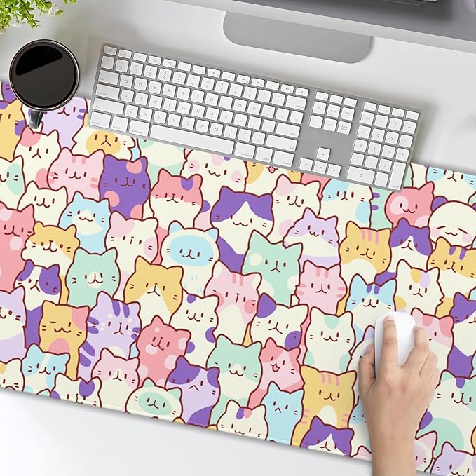 Kawaii Large Mouse Pad 31.5x11.8 Inches XL Extended Gaming Mousepad Funny Cute Cat Desk Mat, Long Computer Keyboard Mouse Mat Non-Slip Base Desk Pad Stitched Edges for Home Game Office Work