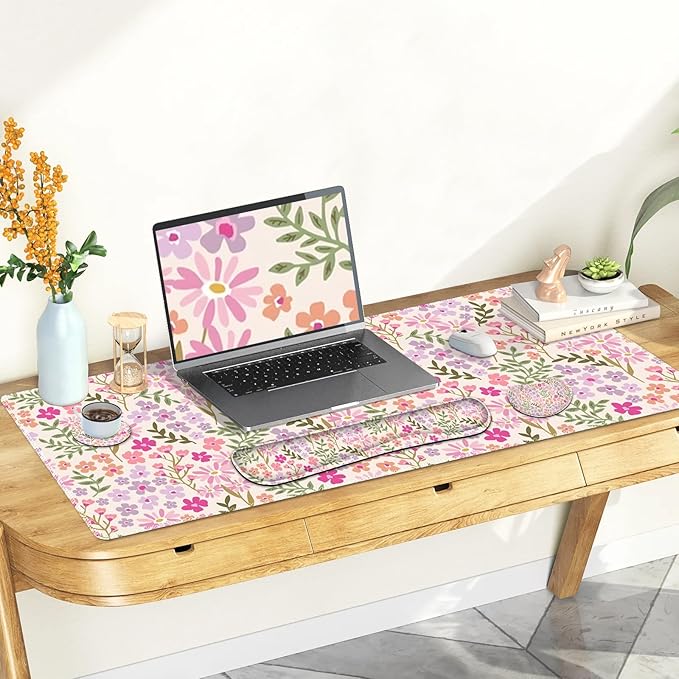 Large Gaming Mouse Pad Set, Ergonomics Keyboard Desk Mat with Memory Foam Wrist Rest, Computer PC Extended Game Mousepad, Non-Slip Desk Matt Easy Typing Pain Relief I Artistic Colroful Flowers