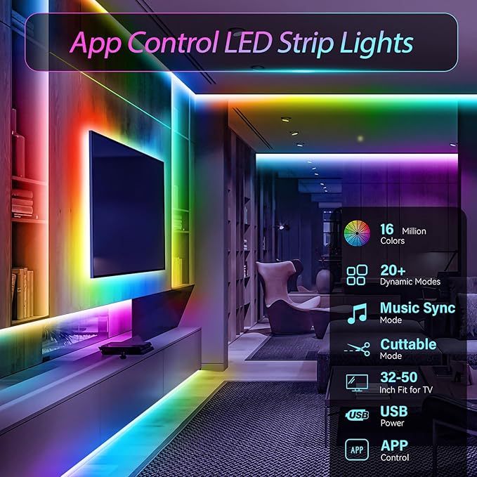 LED Strip Lights for TV, 9.8Ft RGB LED Lights for 32-50in TV Behind, App Control Music Sync Strip Lights IP65 Waterproof with Remote, USB LED Strips Bias Lighting for Bedroom PC Monitor Desk