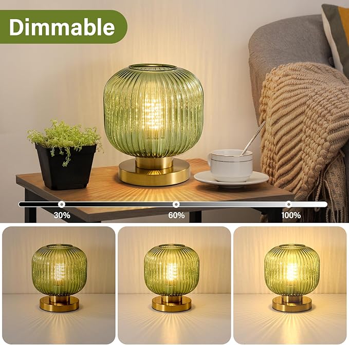 Mid Century Green Table Lamp: Vintage Ribbed Globe Pumpkin Glass Dimmable Plug in Small Bedside Lamps - Cute Brass Gold Modern Side Table Lamp Nightstand Light for Bedroom Entryway Desk Living Room