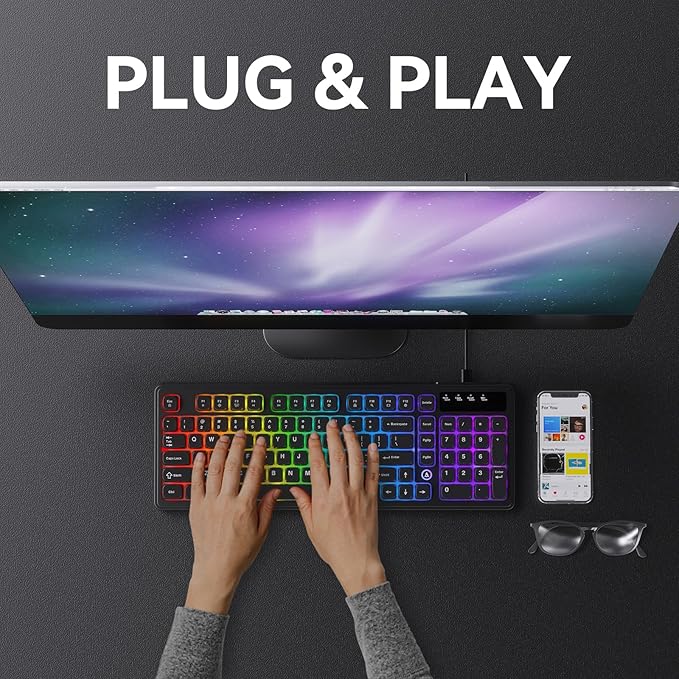 Ajazz AF98 Wired Office Keyboard, Ergonomic, RGB Lighting, Multimedia Function Keys, Adjustable Stand, Suitable for Windows Vista/XP/7/8/10/11 Mac, Andord.