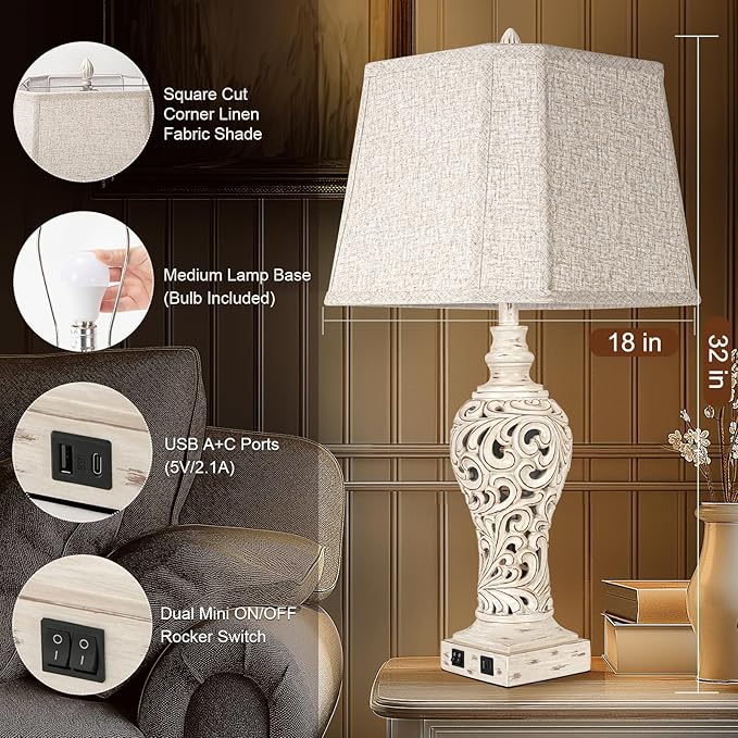 LuxSight Collection 32" Tall Table Lamps Set of 2 - Bedside Lamp with Fabric Shades - for Bedroom and Living Room with USB and Nightlight - Perfect for Nightstands and Bedrooms - Bulbs Included