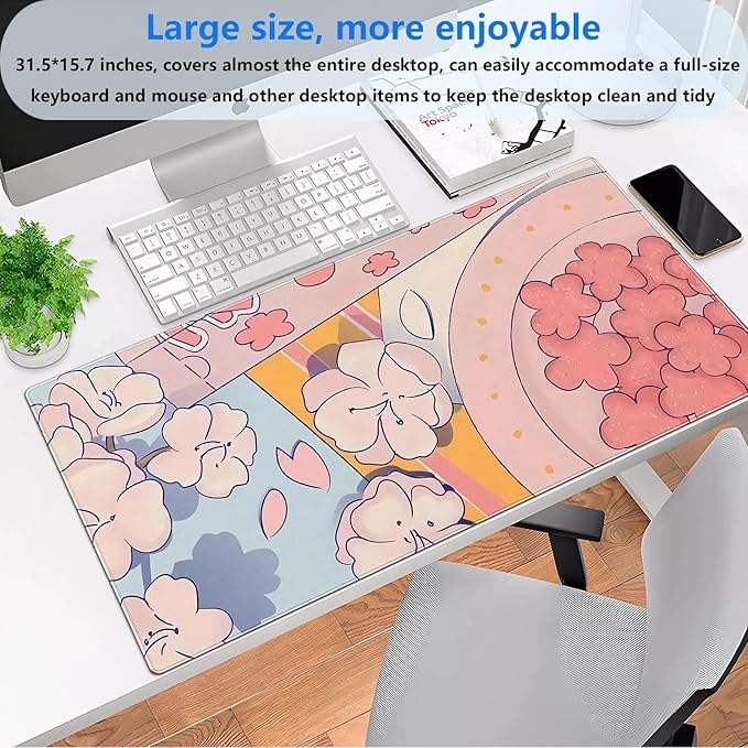 Pink Floral Mouse Pad XXL Cute Anime Gaming Desk Mat 31.5"x15.7", Thickened Rubber Base, Stitched Edge & Washable Design for Women, Office, Home