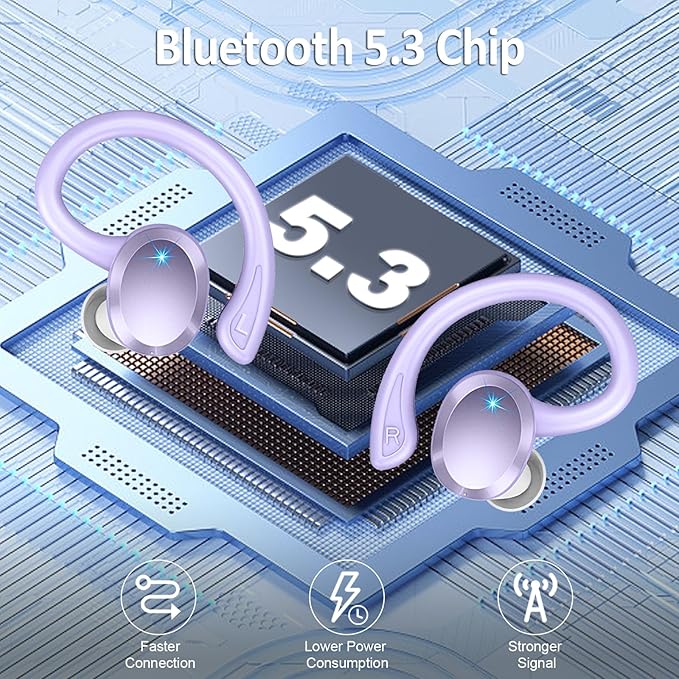 Wireless Earbuds Bluetooth Headphone Sport, Bluetooth 5.3 Earbud 3D HiFi Stereo Over Ear Buds, 48Hrs Earhooks Earphone with Noise Cancelling Mic, IP7 Waterproof Headset for Workout/Running/Gym, Purple