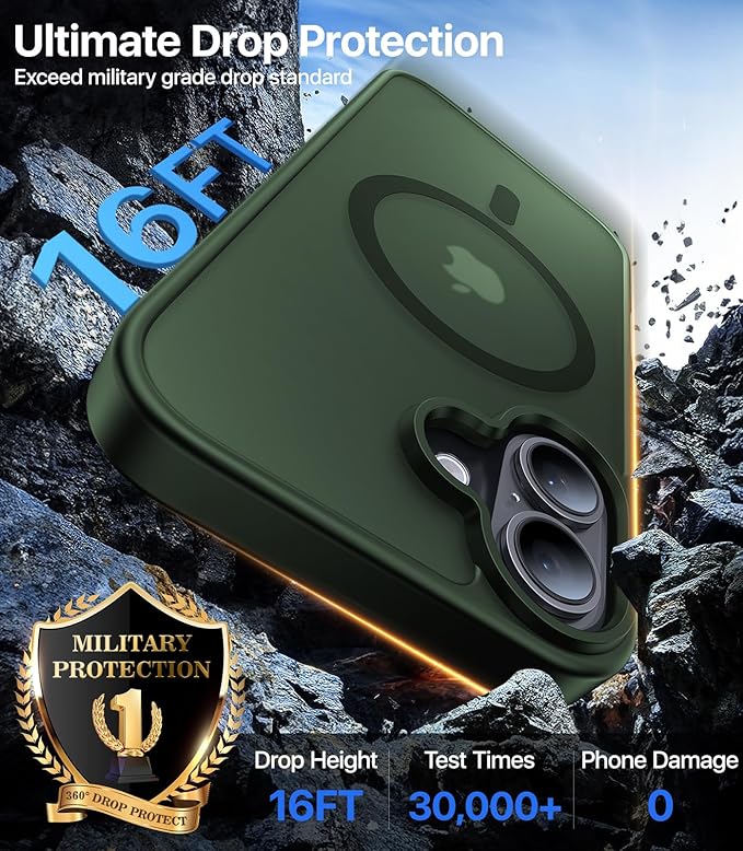 Magnetic for iPhone 16 Case, [Compatible with MagSafe][Military-Grade Drop Protection][Anti-Yellowing] Shockproof Protective Translucent Matte Cover for iPhone 16 Phone Case,Forest Green